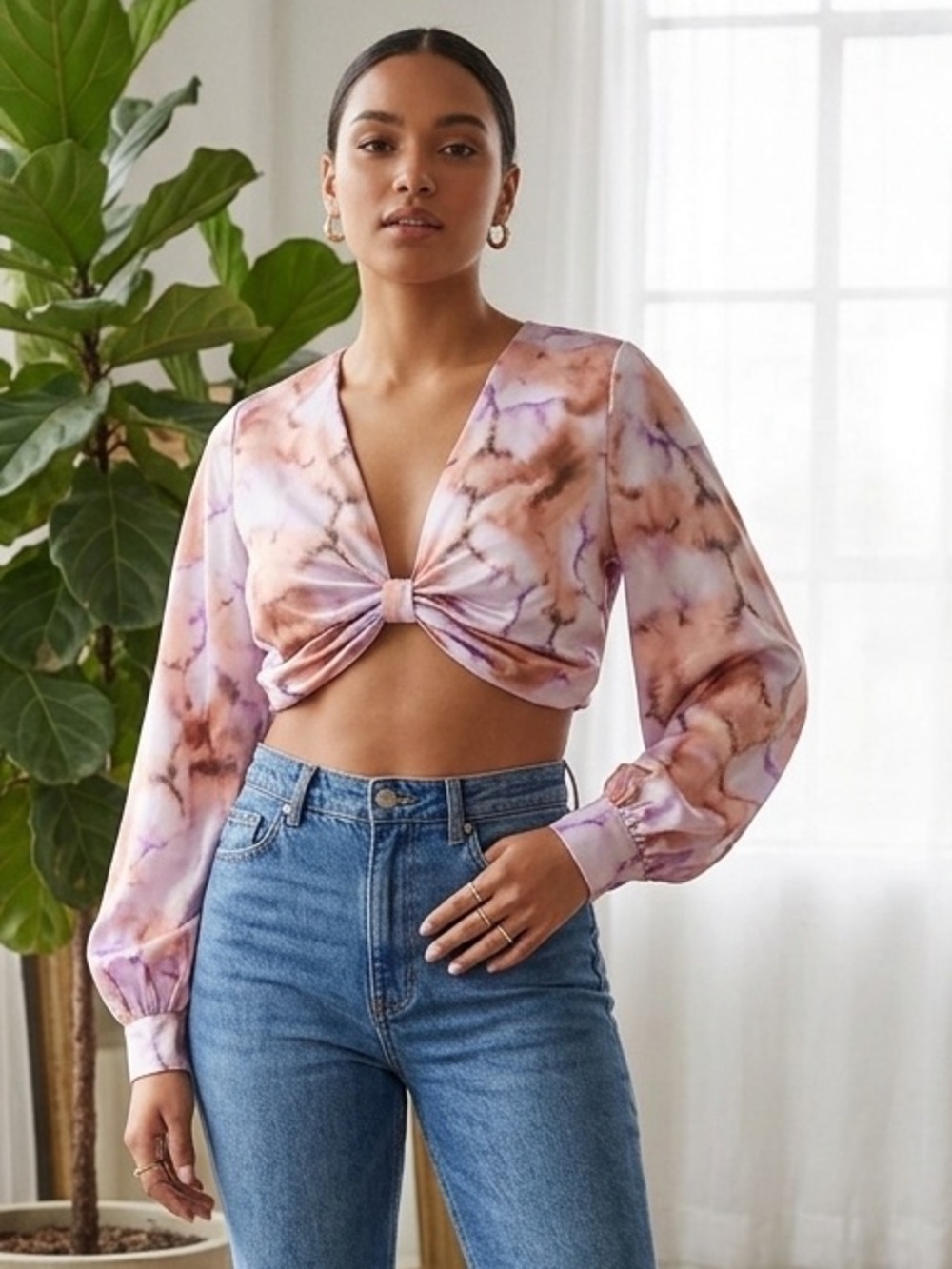 Dynamite Watercolor Satin Knot Front Crop Top Balloon Sleeve Boho tie dye - M